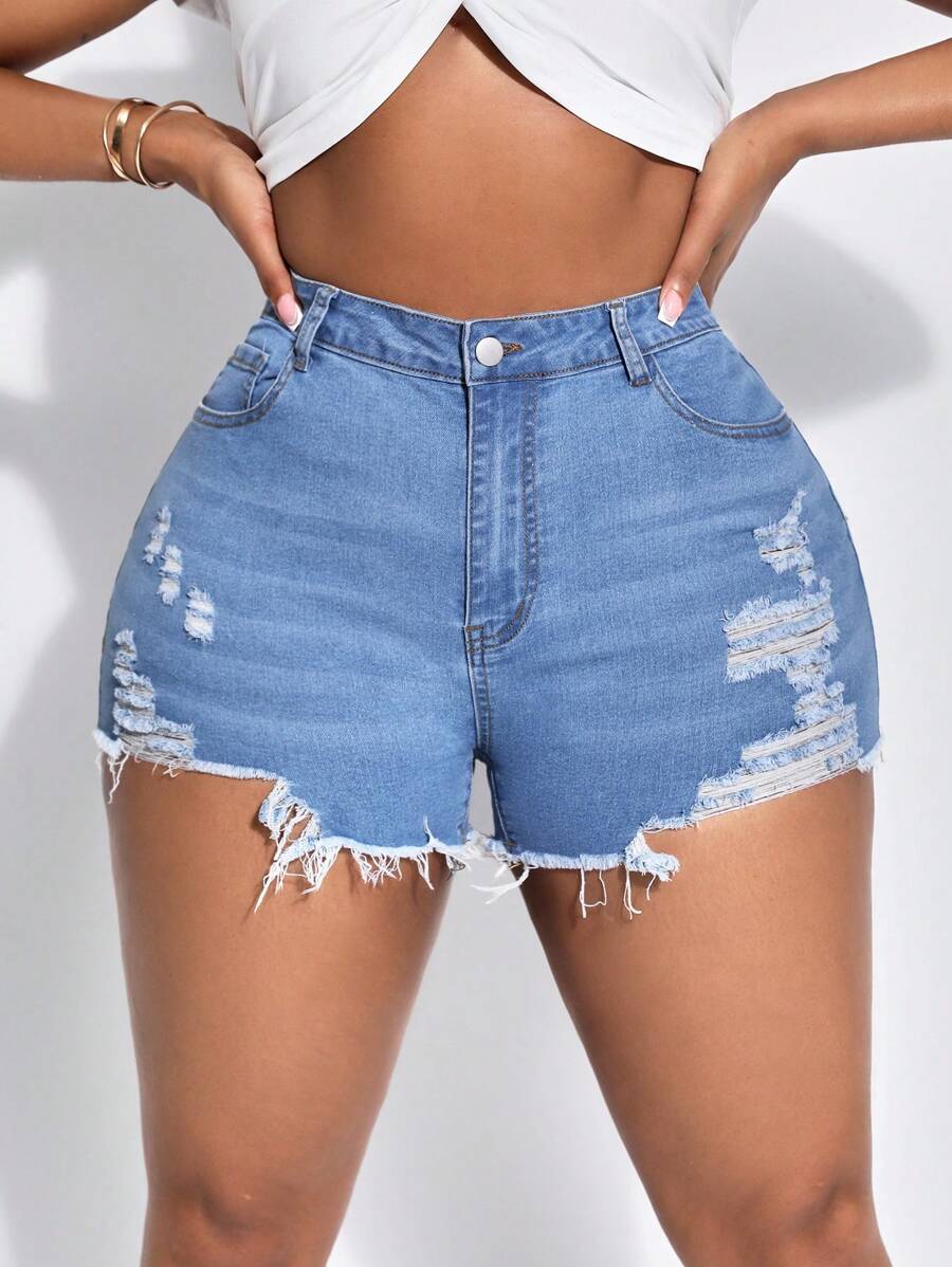 SHEIN SXY Women'S Plus Size Stretchy Tight Ripped High Waisted Denim Shorts