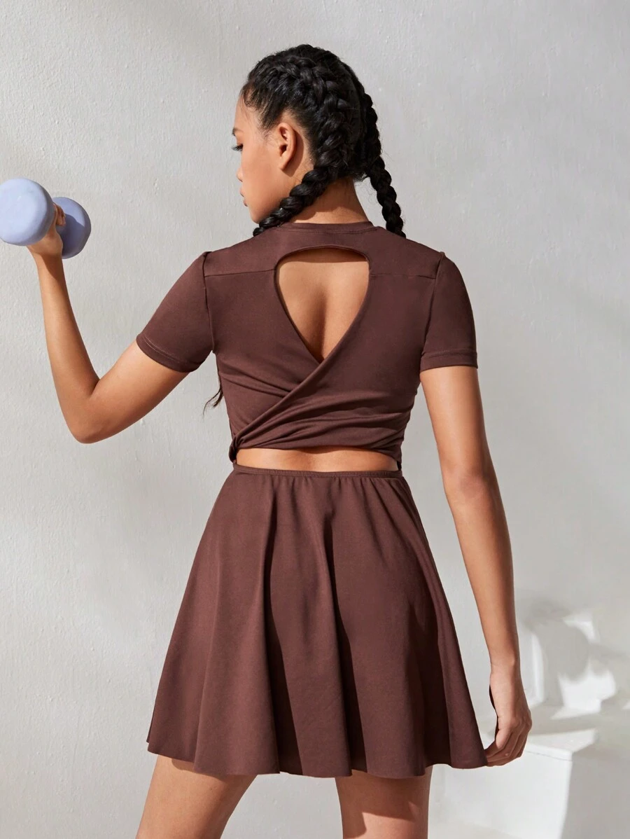 SHEIN Teen Girls' Sleeveless Knit Solid Back Hole Detail Sport Jumpsuit With Anti-Lighting Shorts