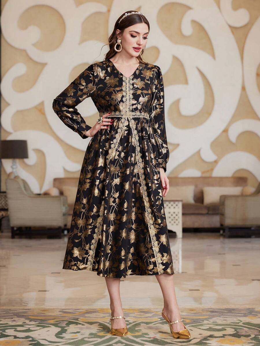 Modelyn Women's Full Printed Lace Splice Dress Long Evening Dresses