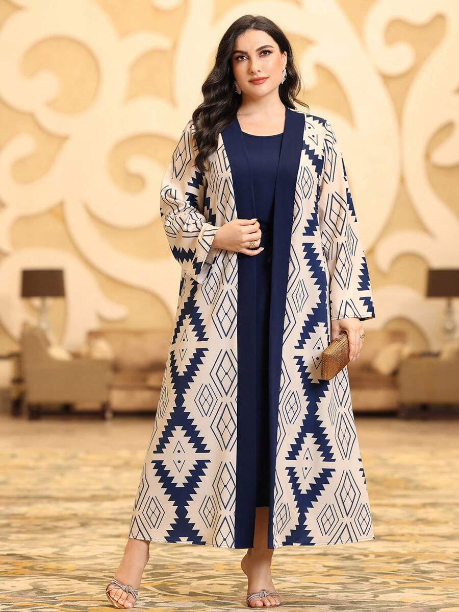 Al Najma Plus Size Geometric Print Jacket And Drawstring Dress Two Pieces Set 2 Pieces Set