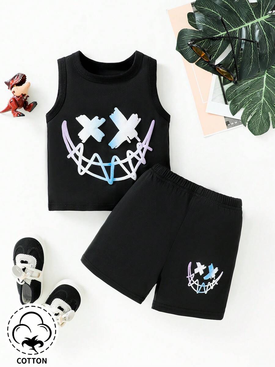 Dziecko Chłopcy 3D Uśmiechnięta twarz & Bańka Nadrukowany Rzemiosło Kamizelka I Szorty Streetwear Moda