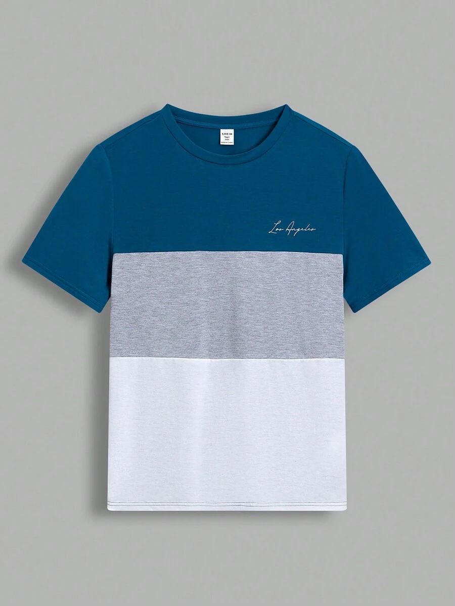SHEIN Camiseta Corta De Manga Corta Con Estampado De Letras Y Bloques De Color Casual Para Adolescentes, Adecuada Para El Verano