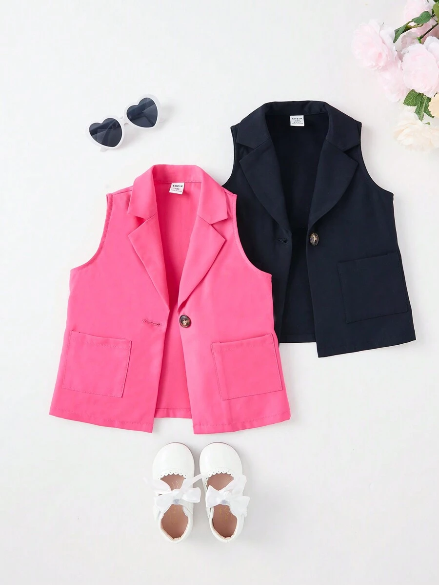 SHEIN Baby Girl Casual Solid Color Suit Collar Vest Coat And Outerwear Set