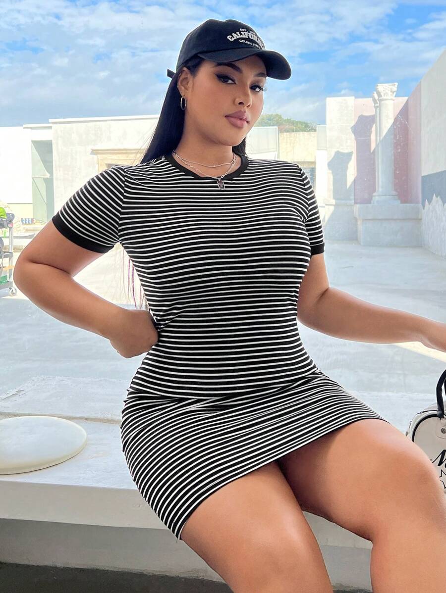 SHEIN EZwear Plus Size Striped Bodycon Dress, Summer