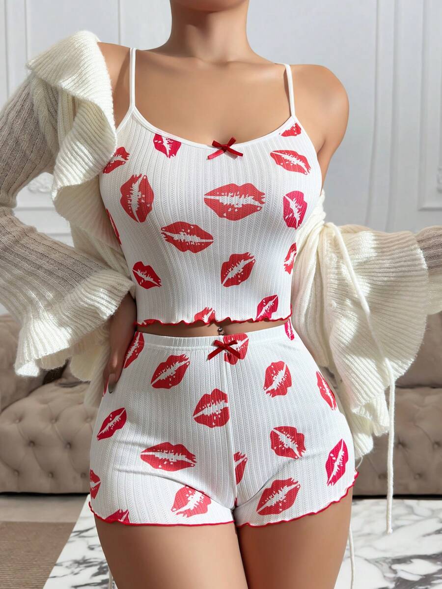 Lip Printed Ruffle Hem Pajama Set White Set