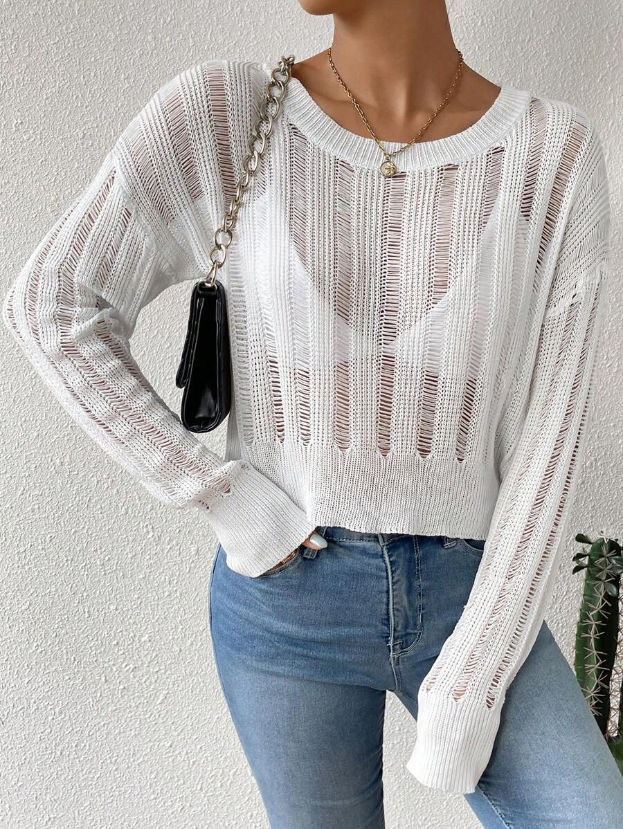 Chiquease Solid Color Hollow Out Knitted Round Neck Sweater With Drop Shoulder