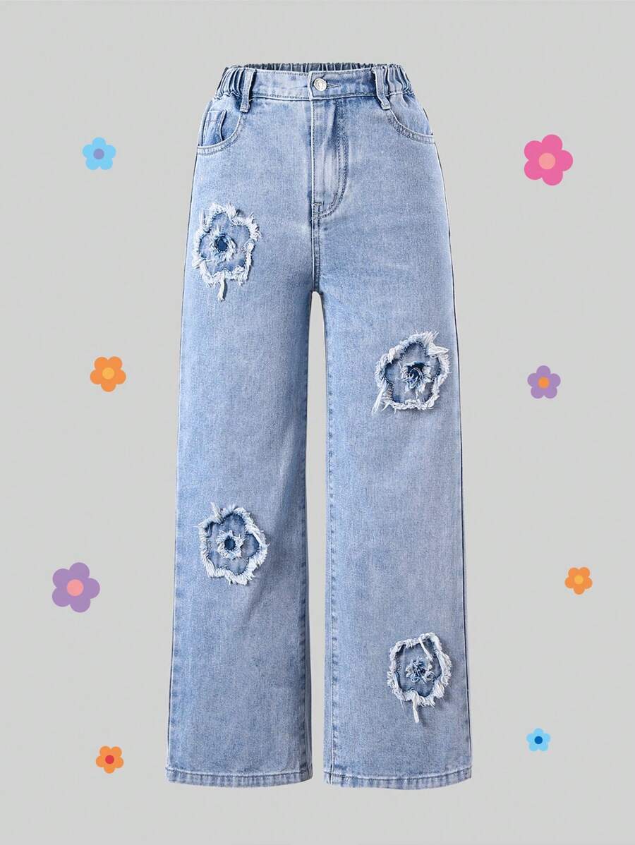 SHEIN Wildeya Tween dziewczynka Modny & Wygodna Szeroka nogawka Dżinsy Z Kwiat Patchwork Haft Dla Ulica Szyk Styl