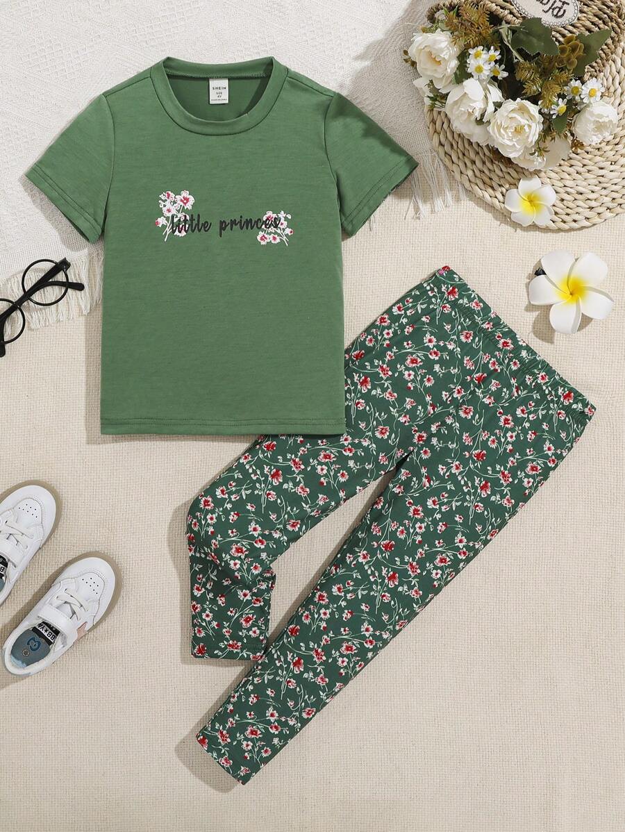 SHEIN 2 pezzi Set di Maglietta a maniche corte con stampa floreale e lettera e leggings adatto per uso quotidiano, feste e vacanze, Outfit verde estate per ragazzo giovane, Outfit verde per ragazze giovani