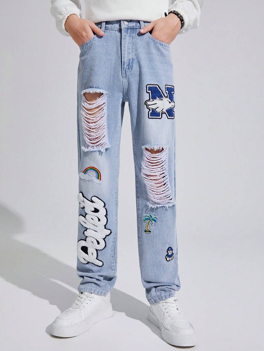 SHEIN Gestickte Buchstaben Jeans Mit Geradem Schnitt Und Samt-futter Für Männer Und Teenager