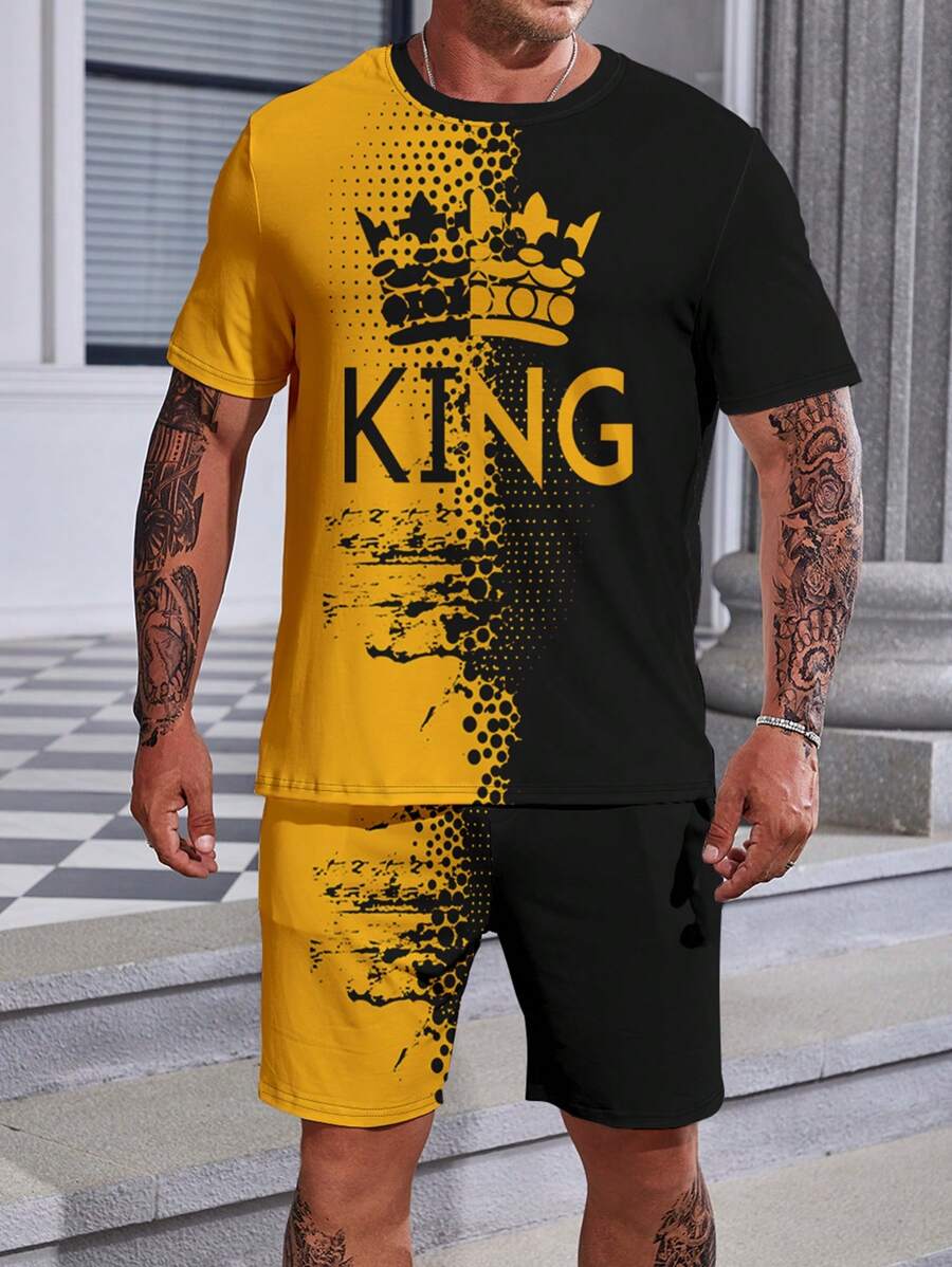 Manfinity Homme Men Plus Crown & Letter Printed Short Sleeve T-Shirt And Shorts Set