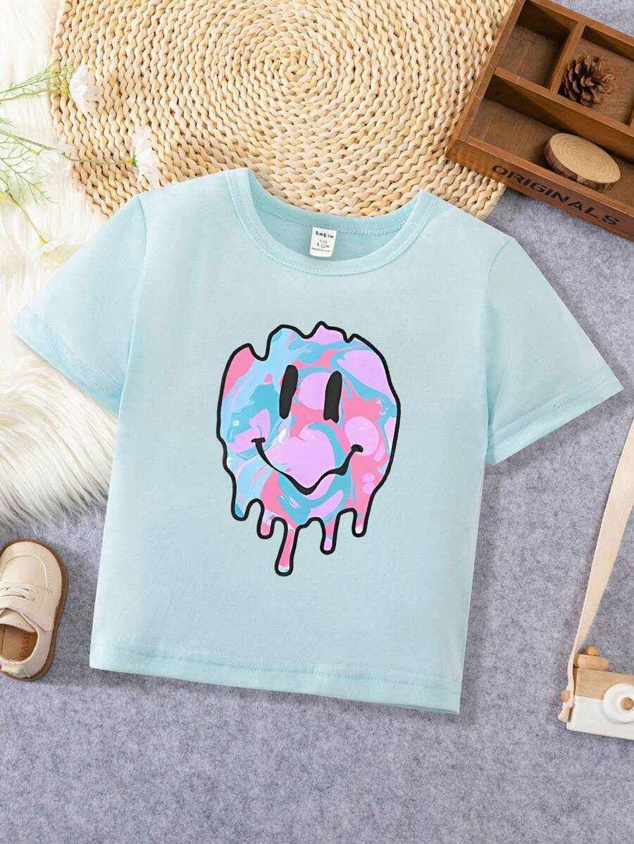 Schattig en leuk glimlachend gezichtpatroon voor babymeisjes, casual comfortabel T-shirt met korte mouwen, zomer
