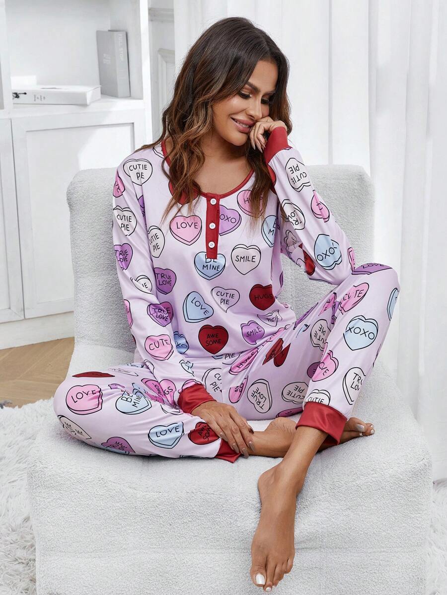 Conjunto De Pijama De Manga Larga Y Pantalón Para Mujer Con Estampado De Carta Y Corazón