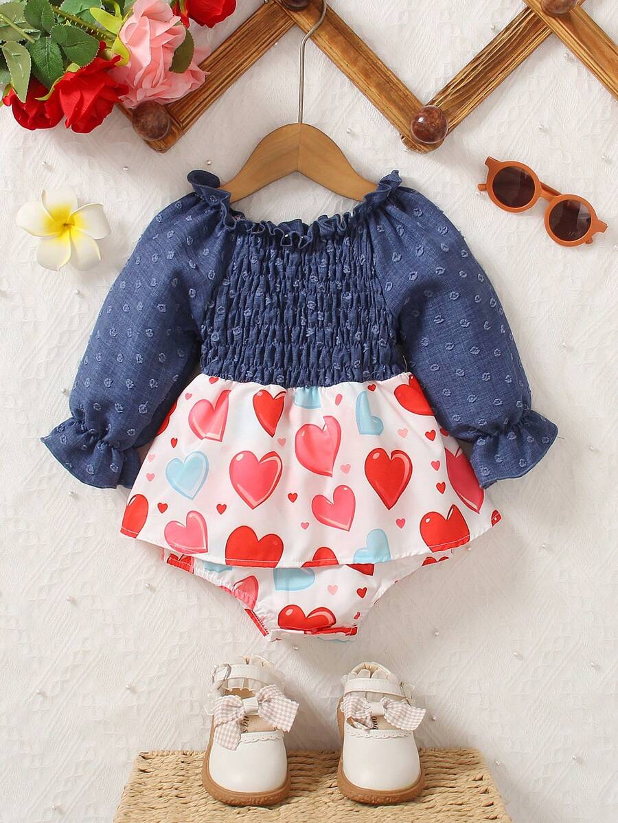 Baby Girl Casual Color Block Heart Print Long Sleeve Bodysuit