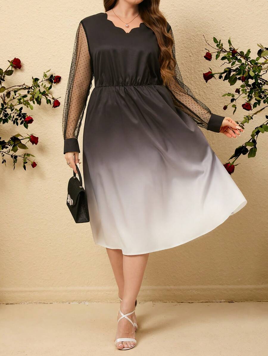 SHEIN LUNE Grote maten Vrouwen Gradient Polkabollen Doorschijnend Lange mouwen Jurken