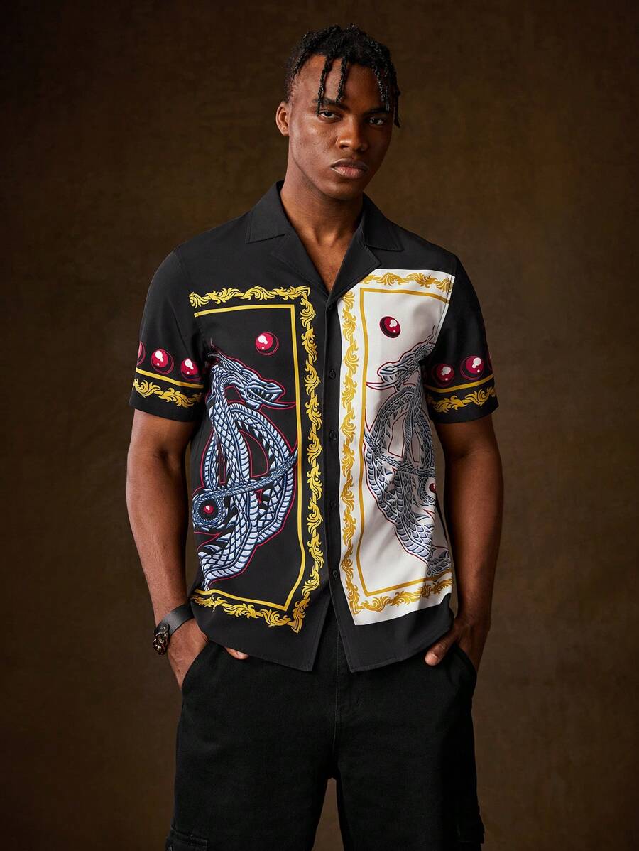 HOUSE OF THE DRAGON X SHEIN Camisa Impresa Para Hombre Con Patrón De Dragón Y Bloqueo De Color