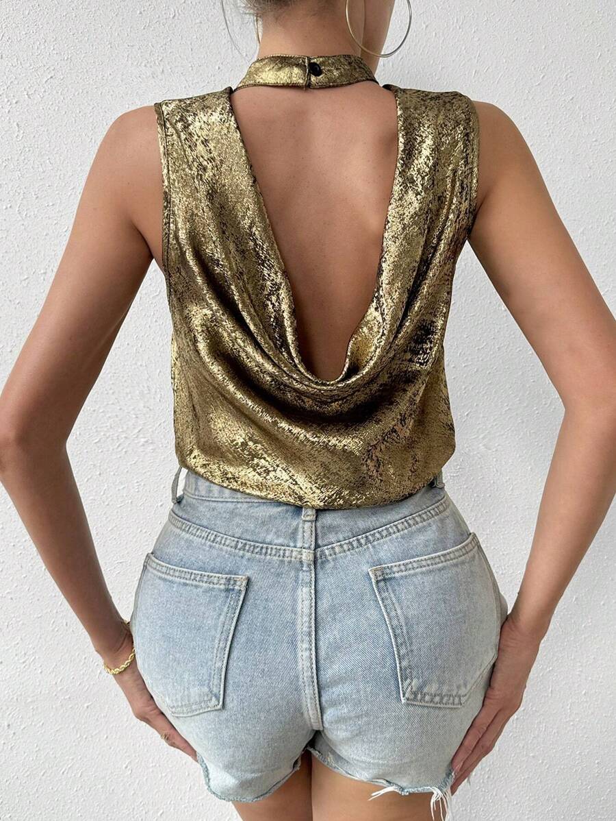 Chiquease Women's Back Drop Pleated Stand Collar Shirt For New Year Holiday Party Clothes