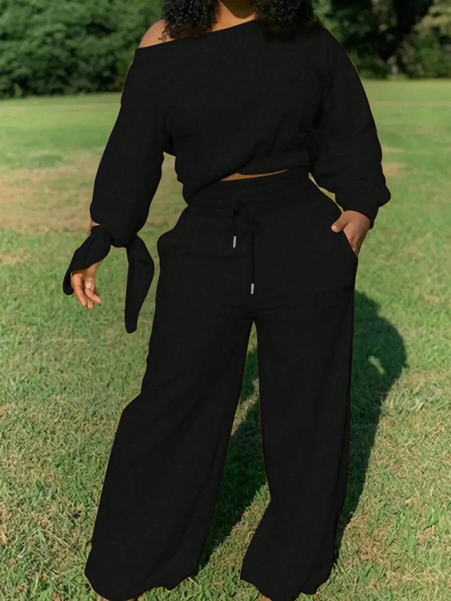 SHEIN Ladies' Solid Color Casual 2-Piece Set, Ladies Spring/Fall Casual Asymmetrical, Drawstring, Pocket Three Quarter Length Sleeve Loose Black Batwing Sleeve Sweatshirt Sweatpants Women Two-Piece Outfits, Casual Daily Wear