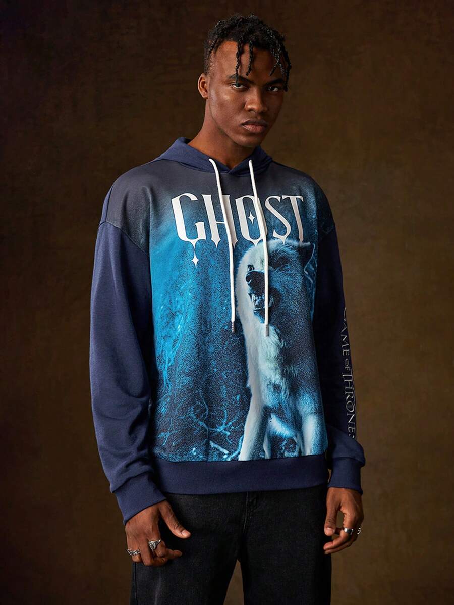 Game of Thrones X SHEIN Felpa Con Cappuccio Con Lupo Stampato E Grafica A Lettere Per Uomo, Con Cordino
