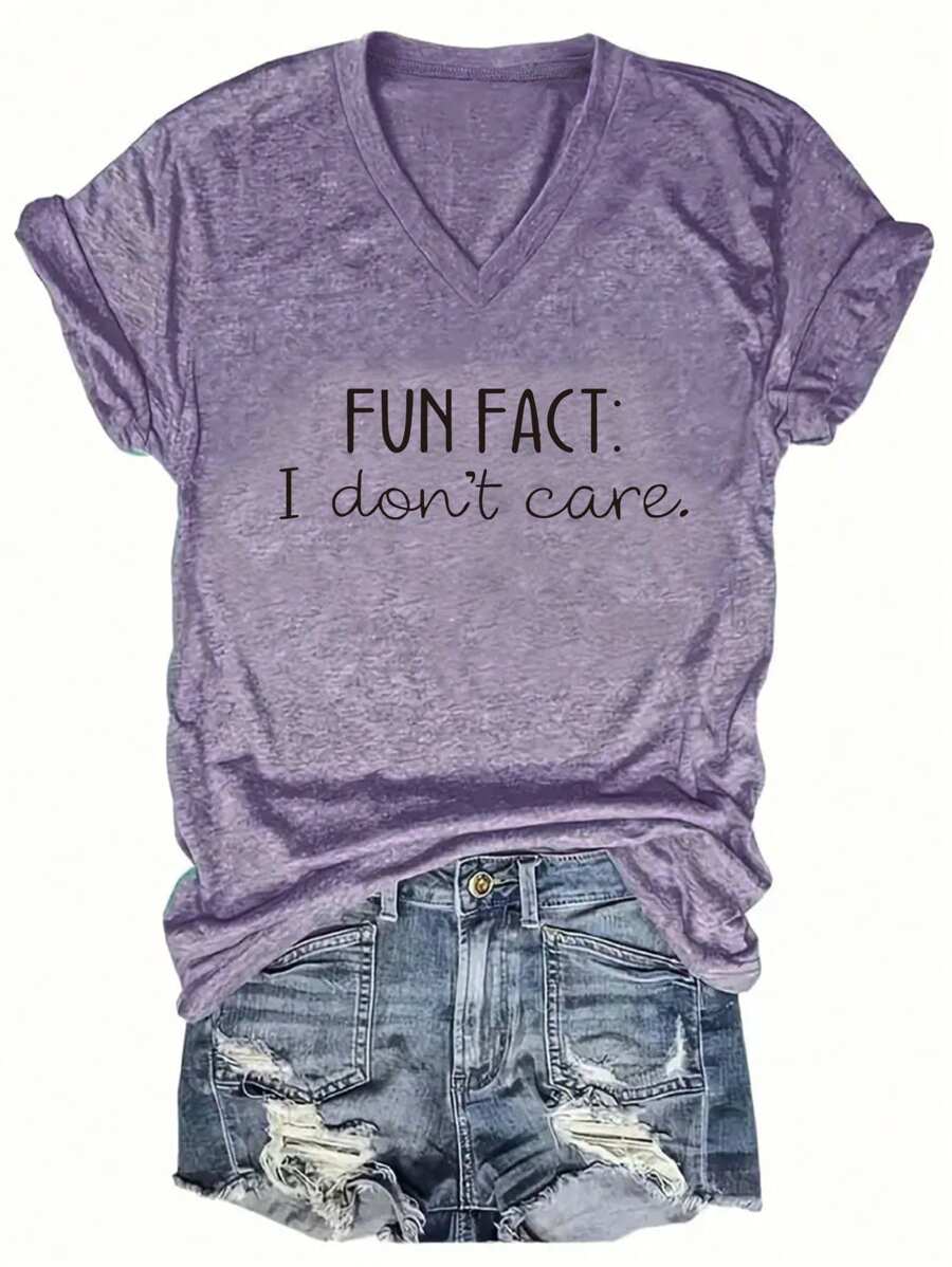 SHEIN LUNE Camiseta de manga corta con estampado de eslogan para mujer "DATO DIVERTIDO NO ME IMPORTA"