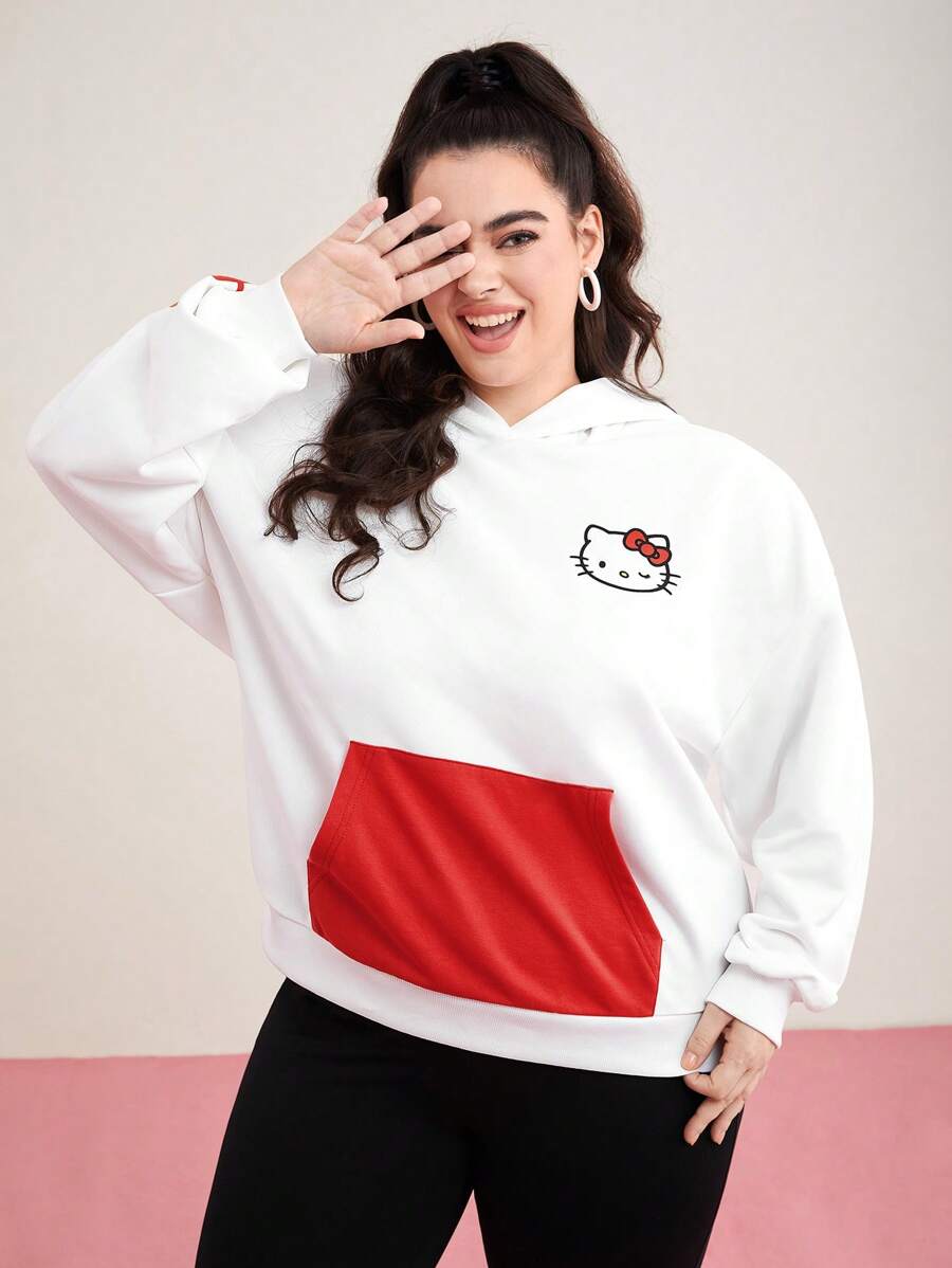 HELLO KITTY AND FRIENDS | SHEIN Plus Cat Print Color Block Pocket Hoodie