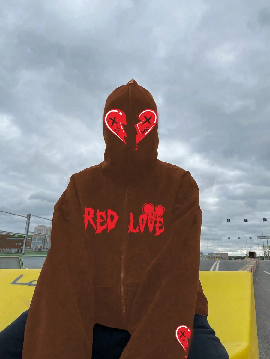 Manfinity Hypemode Men's Plus Size Letter Printed Zip-Up Hoodie