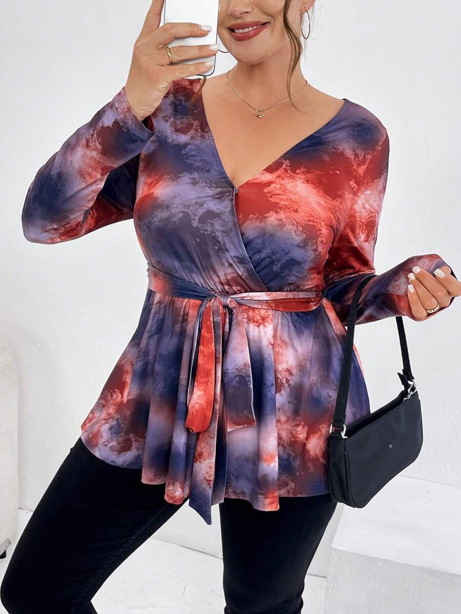 SHEIN Essnce Plus Size Tie-Dye Wrap Belt T-Shirt