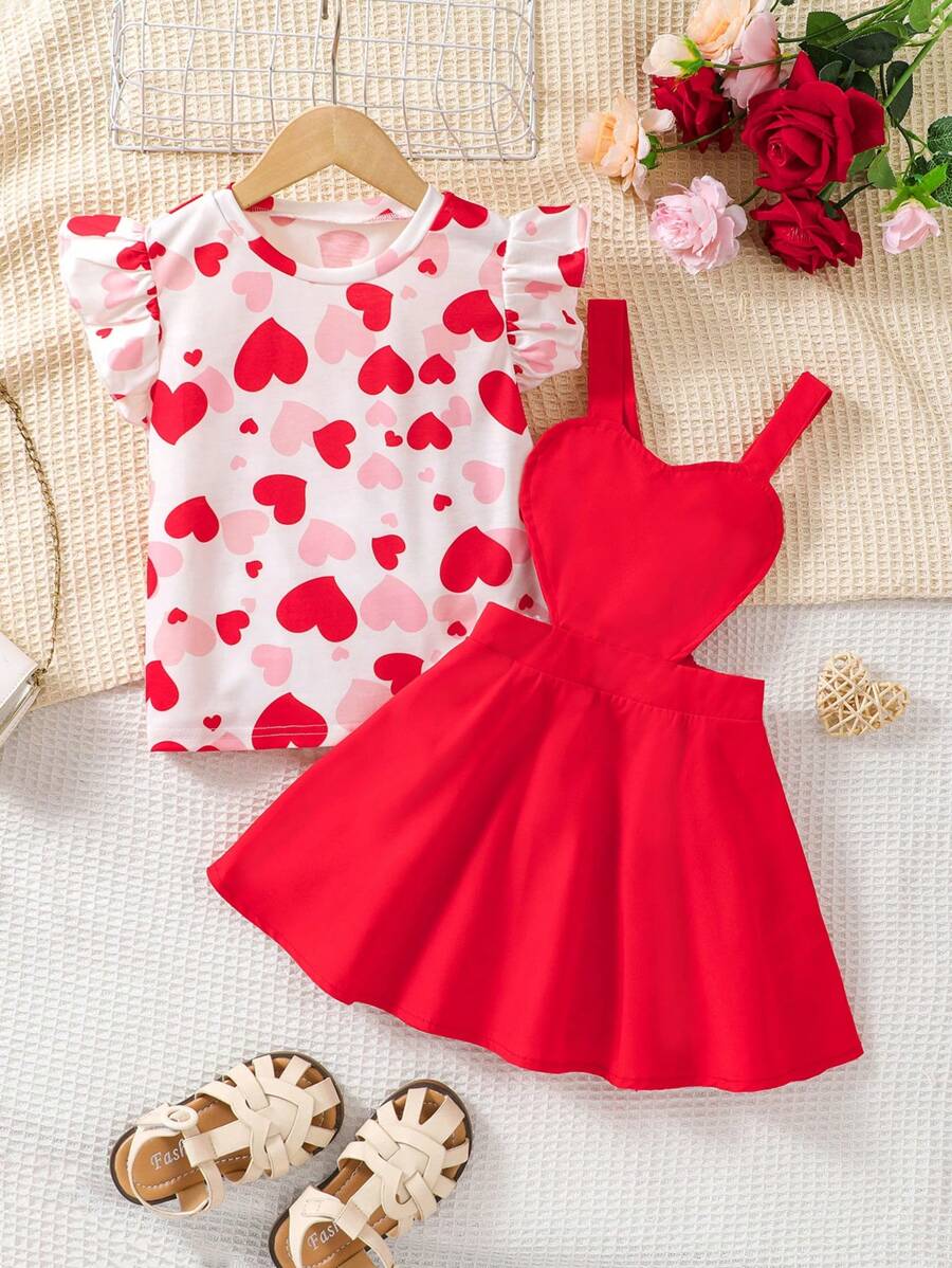 SHEIN Top Con Corpiño De Volantes Y Vestido Tipo Pinafore Para Niña Con Diseño De Corazones