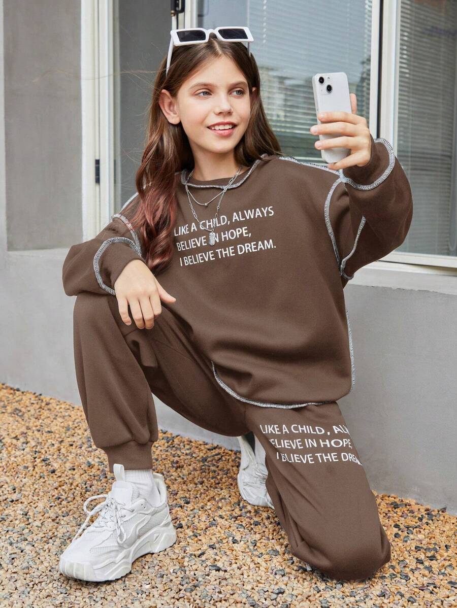 Tween Girls' Loose Fit Letter Print Sweatshirt And Jogger Pants Casual 2-Piece Set