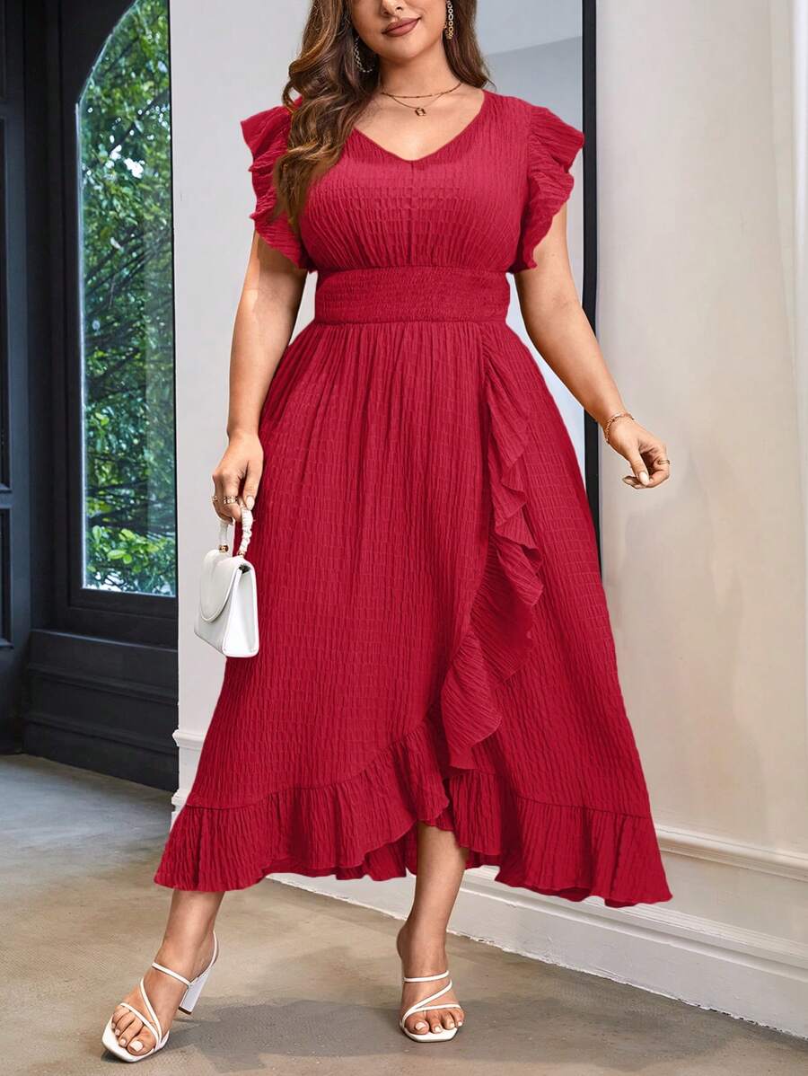 SHEIN Privé Plus Size Solid Color Cap Sleeve Dress For Women