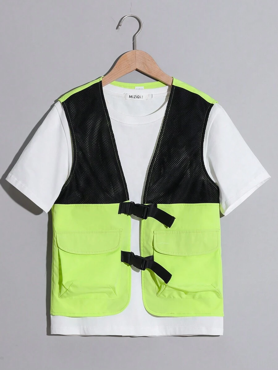 Chaleco casual con bolsillos de estilo urbano para niños preadolescentes, de ajuste holgado con malla y contraste