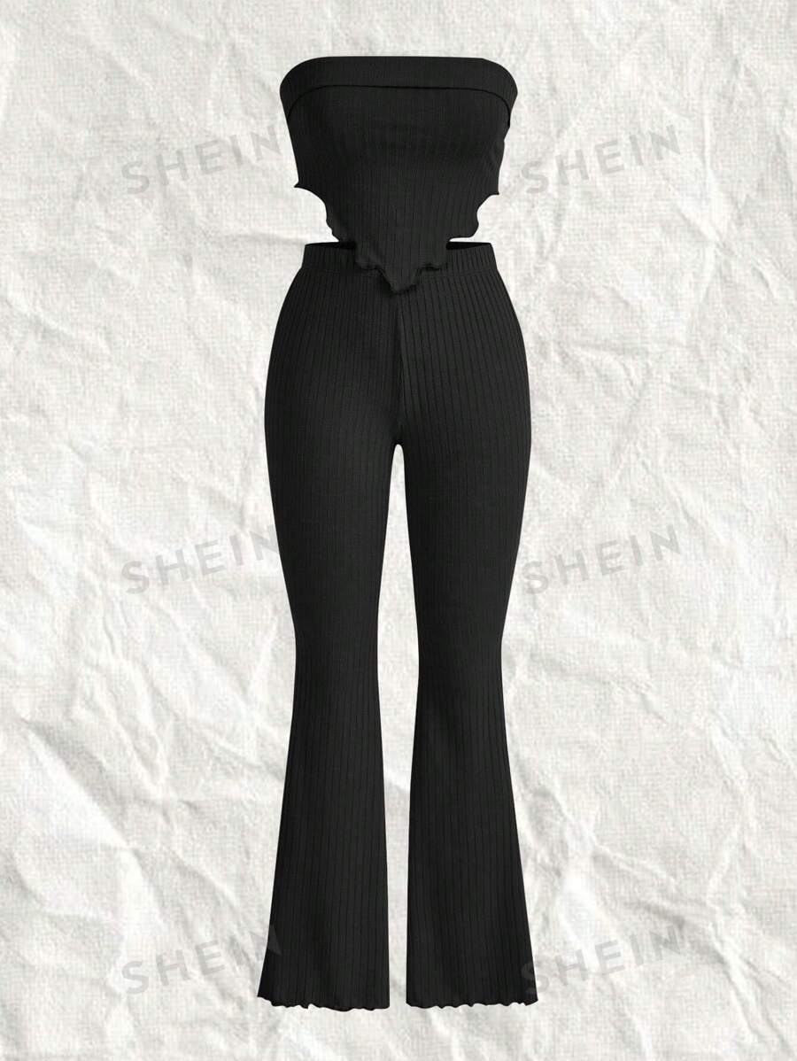 SHEIN EZwear Conjunto De Pantalones Acampanados Y Top Bandeau De Punto Negro Para Mujer De Talla Grande