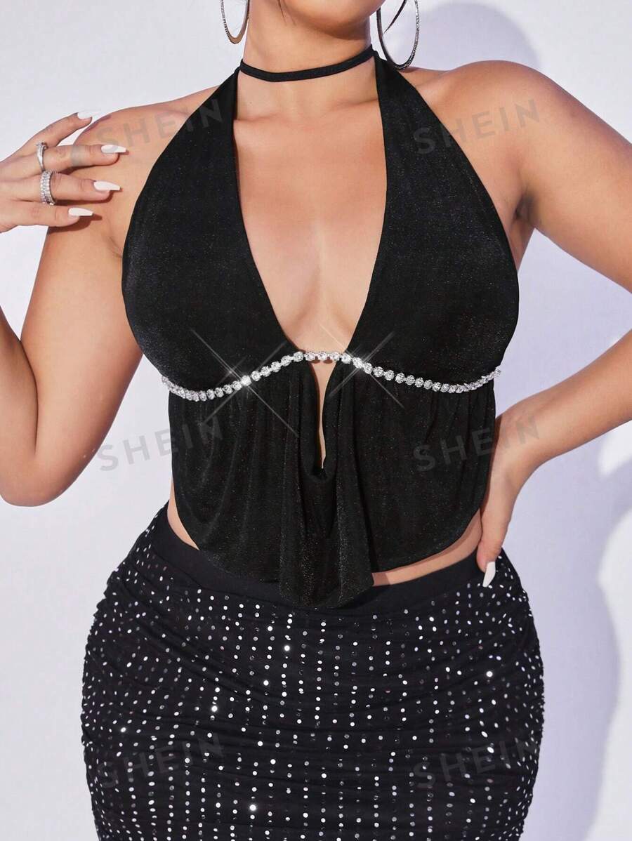 SHEIN ICON Tops De Verano Y2k Para Salir, Tamaño Grande Tops Sin Espalda Negro Creyones Con Decoración De Pedrería