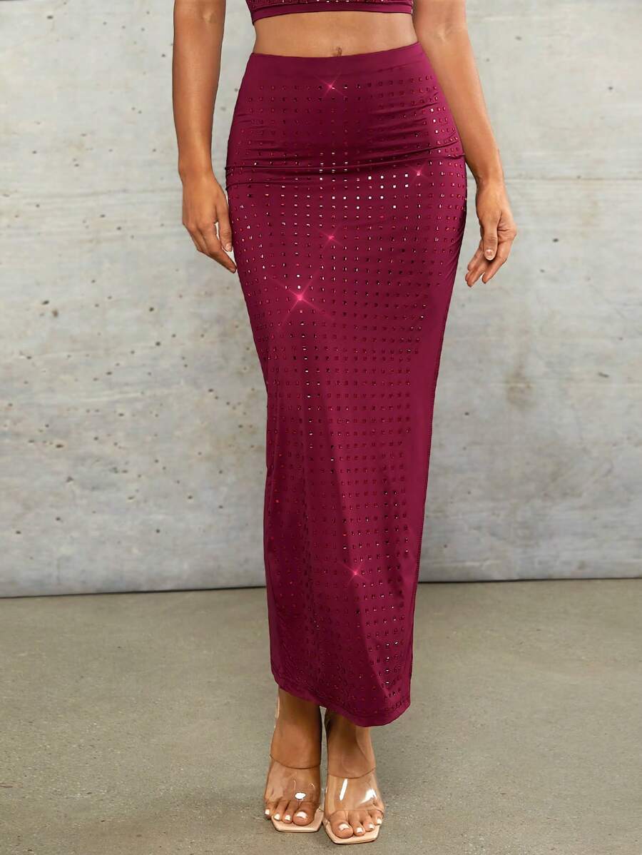 SHEIN BAE Valentinstag Hoher Schlitz Roter Strass Frauen Langer Rock