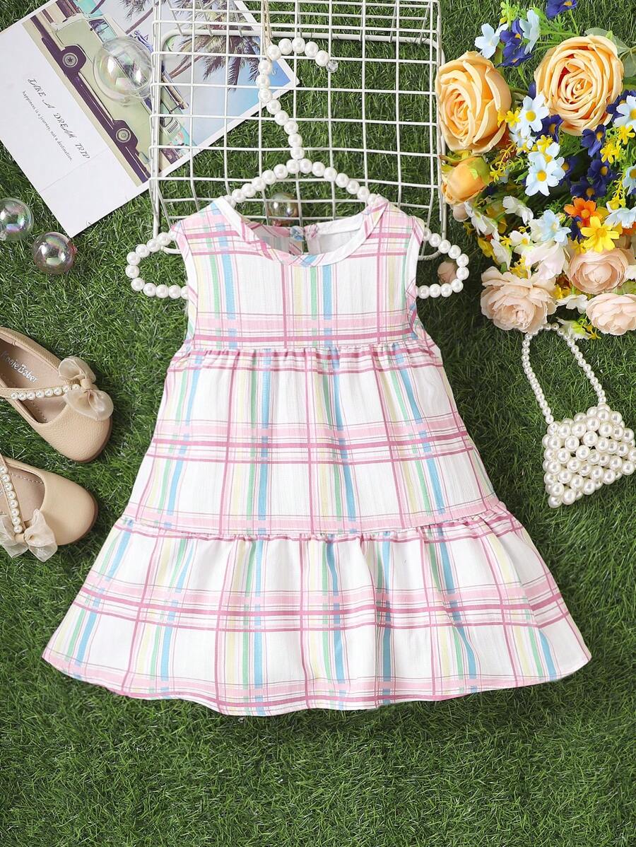 Stylish Baby Girls' Sleeveless Plaid Dress For Summer