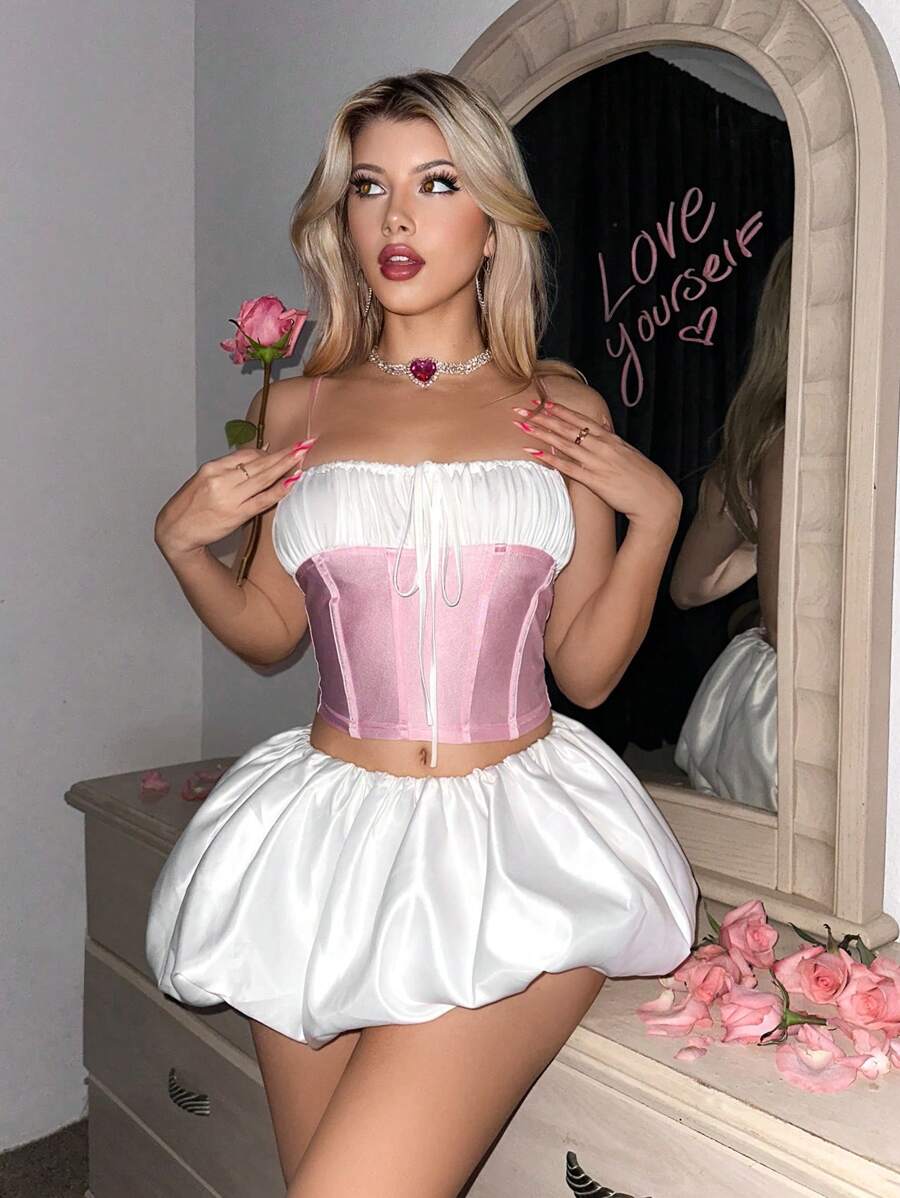 Sweetina Y2k Spring Solid Color Low Waist Pleated Bubble Fower Mini Skirt