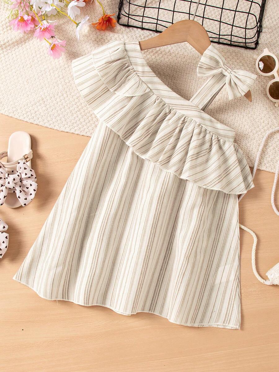 SHEIN Vestido con estampado de rayas y hombro asimétrico para niña joven