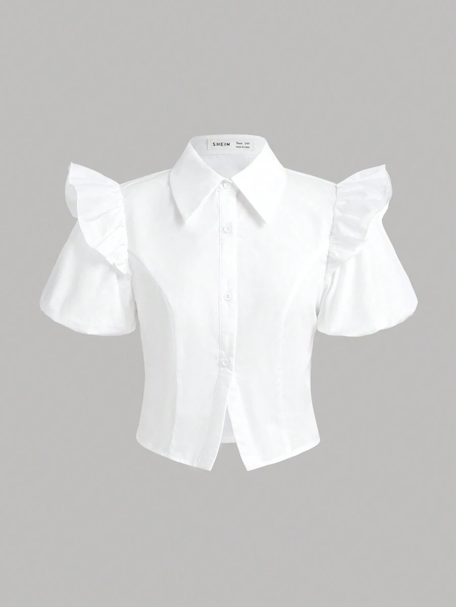 SHEIN Camisa Tecida De Manga Curta De Cor Sólida Para Adolescentes Com Detalhe De Bainha Com Babados