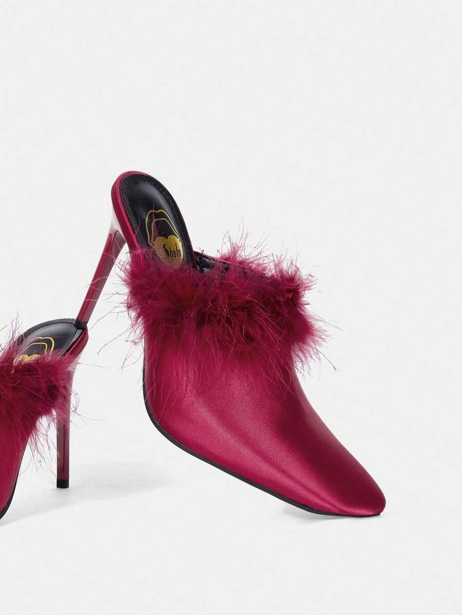 Fashionable Fur Mules Peep Toe Half Slipper High Heel Sandals