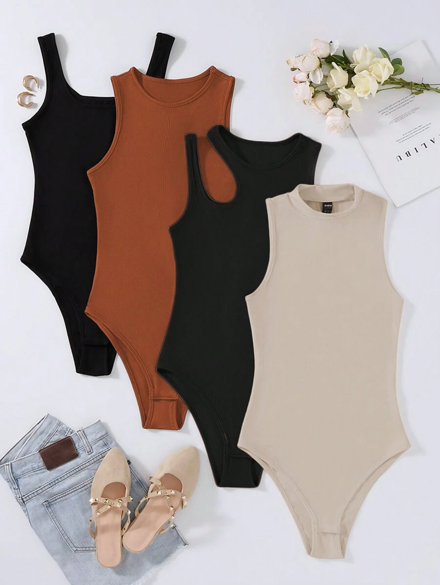 INAWLY Plus Size Solid Color Ribbed Knit Bodysuit