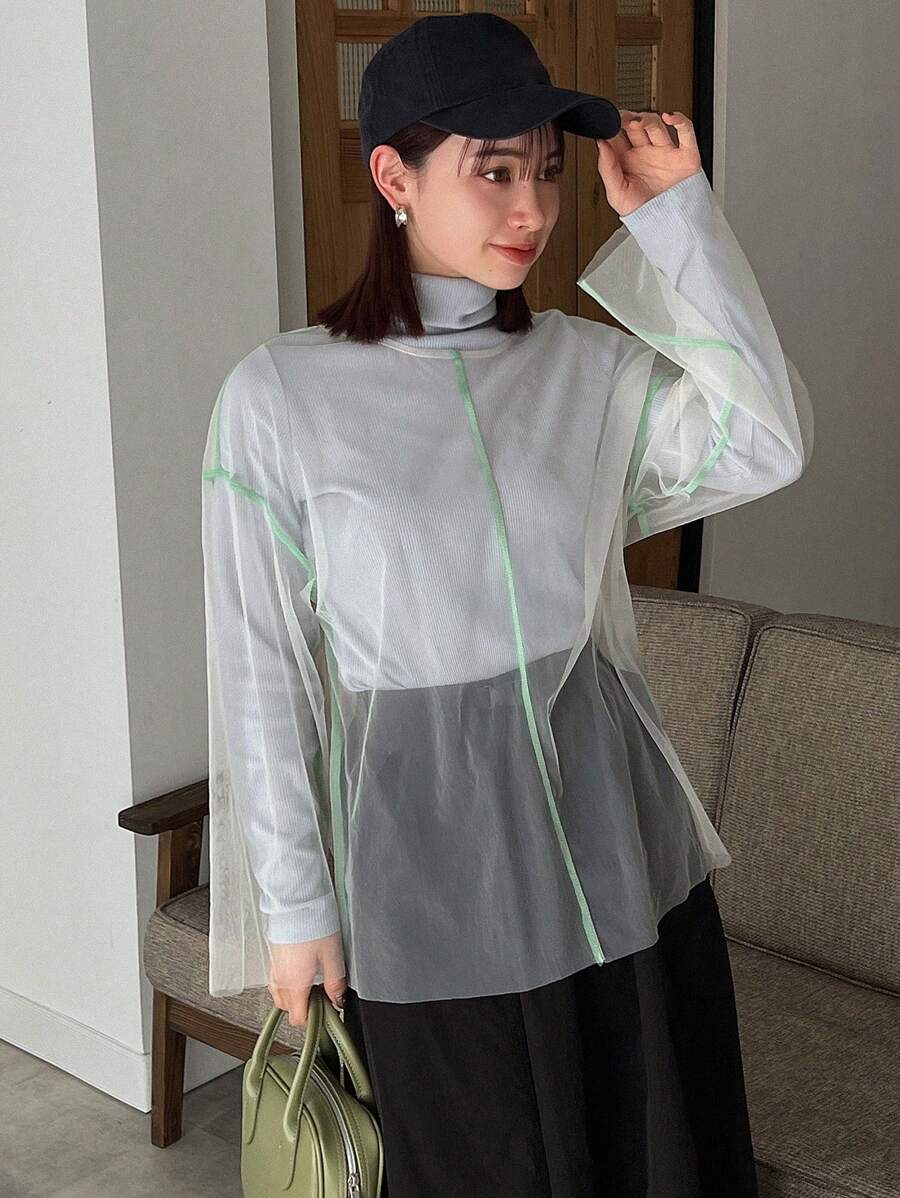 FRIFUL Women's Contrast Trim Sheer Blouse