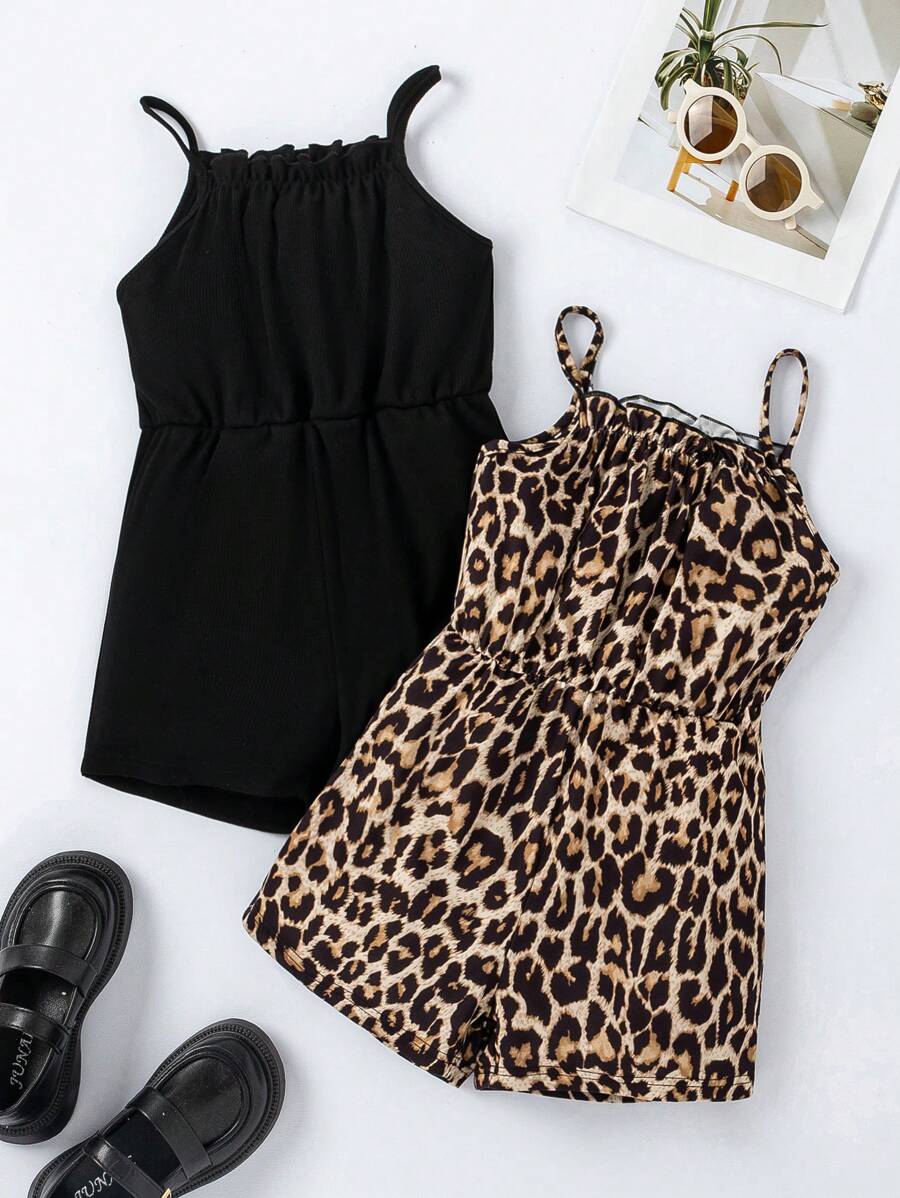 SHEIN Mono Con Estampado De Leopardo Y Cinturilla Elástica Con Tirantes Ajustables Para Niñas Jóvenes