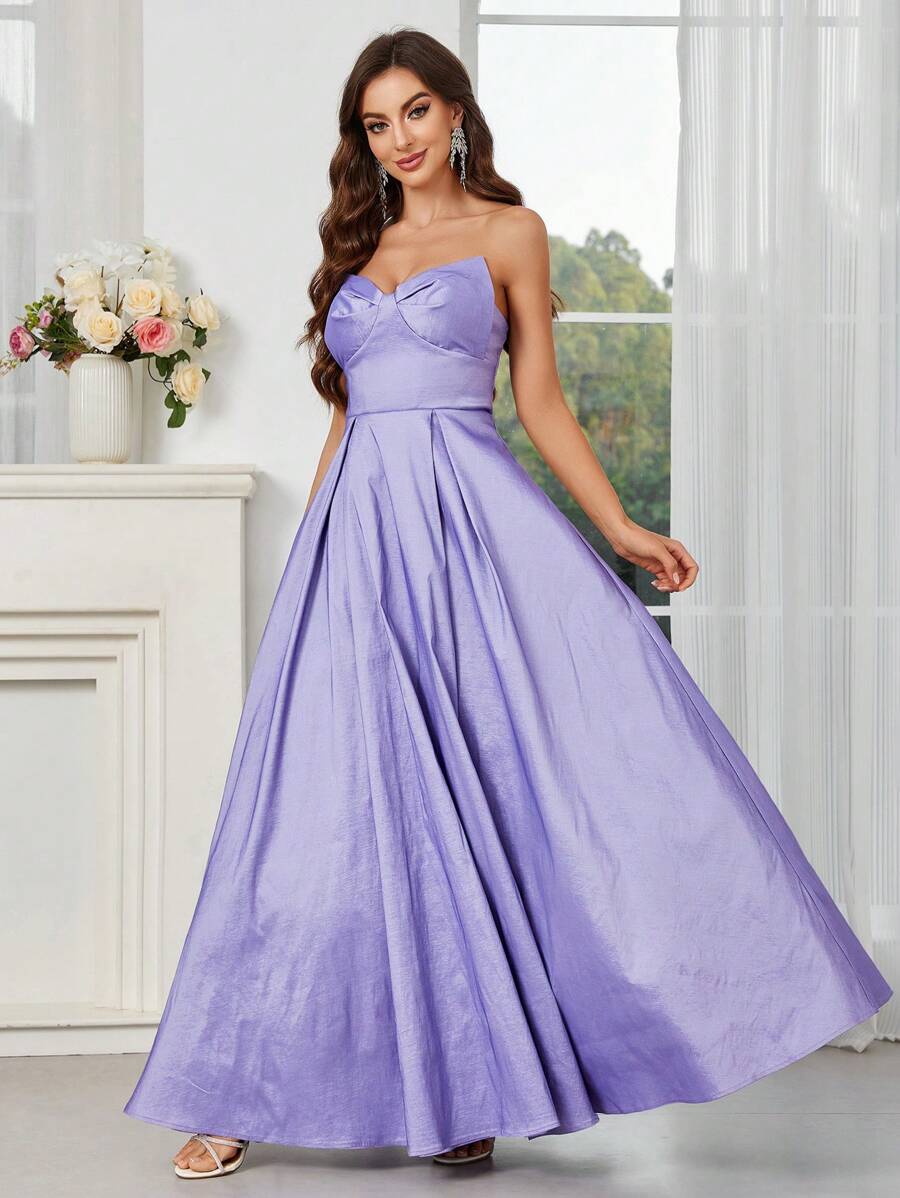 SHEIN Belle Strapless Dress With Bowknot Decoration On The Front, Large Hem, Back Tie, Special Color-Changing Material For Women's Evening Gown