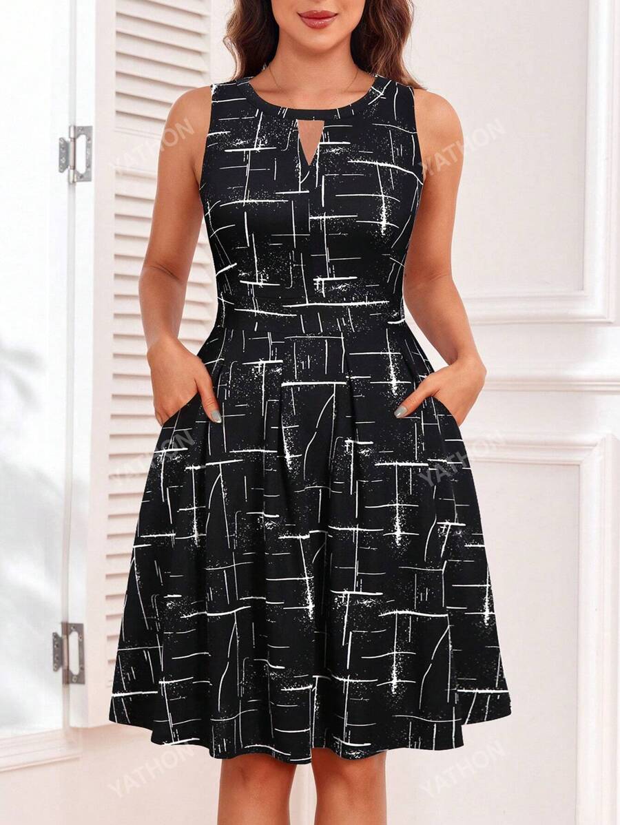 Women Full Print Keyhole Neckline Hidden Pocket Sleeveless Dress