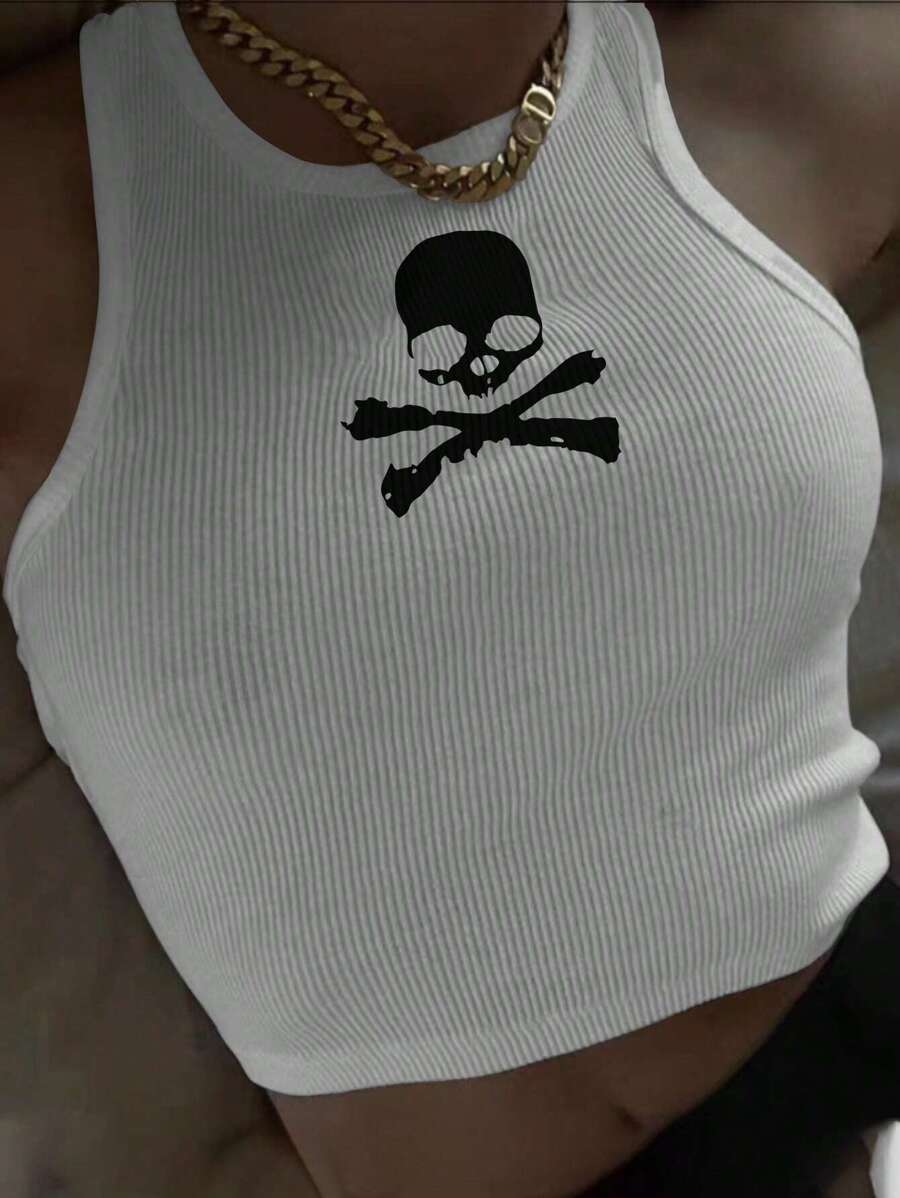 INAWLY Women's Sleeveless Crop Top With Skull Print Graphic Tees Women Tops