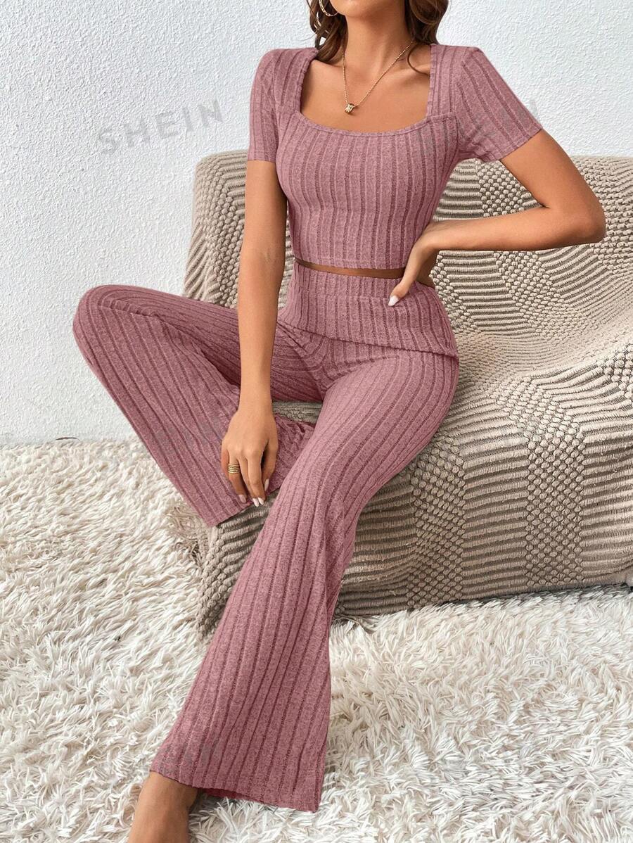 SHEIN Frenchy Conjunto de dos piezas con top corto y pantalones largos para mujer