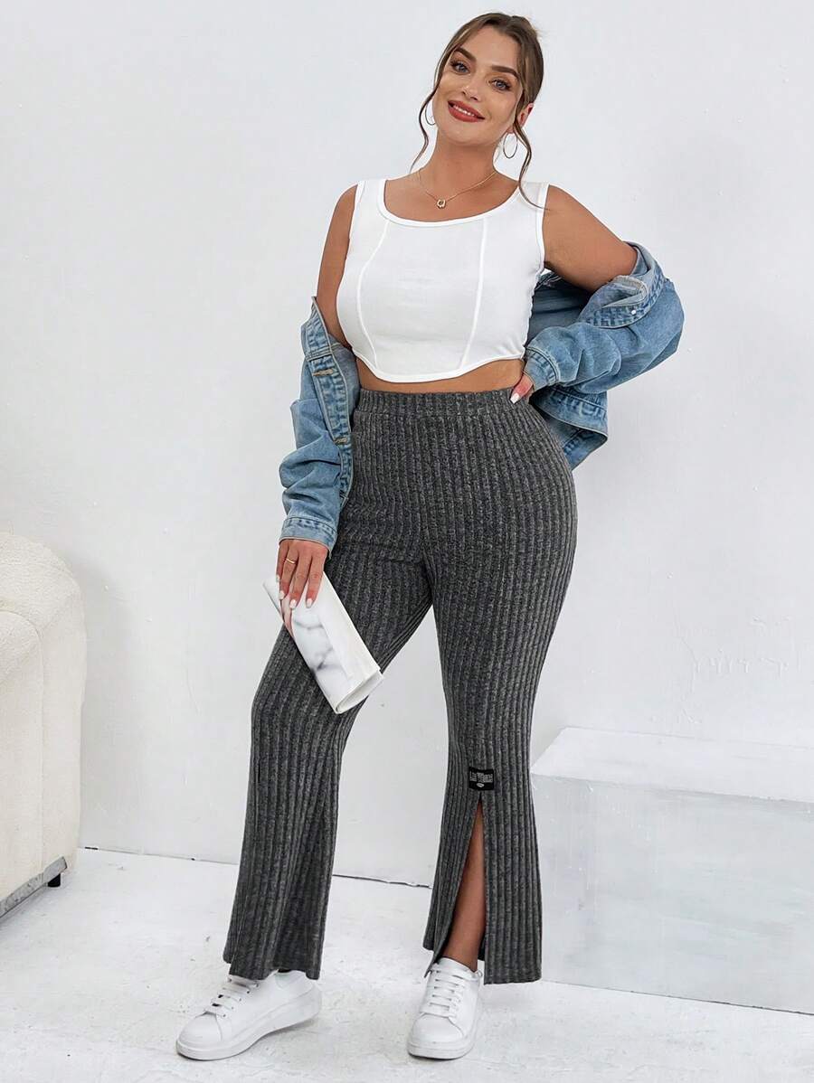 SHEIN Essnce Women's Plus Size Comfortable Split-Bottom Flared Pants, Casual And Sporty For Spring And Summer