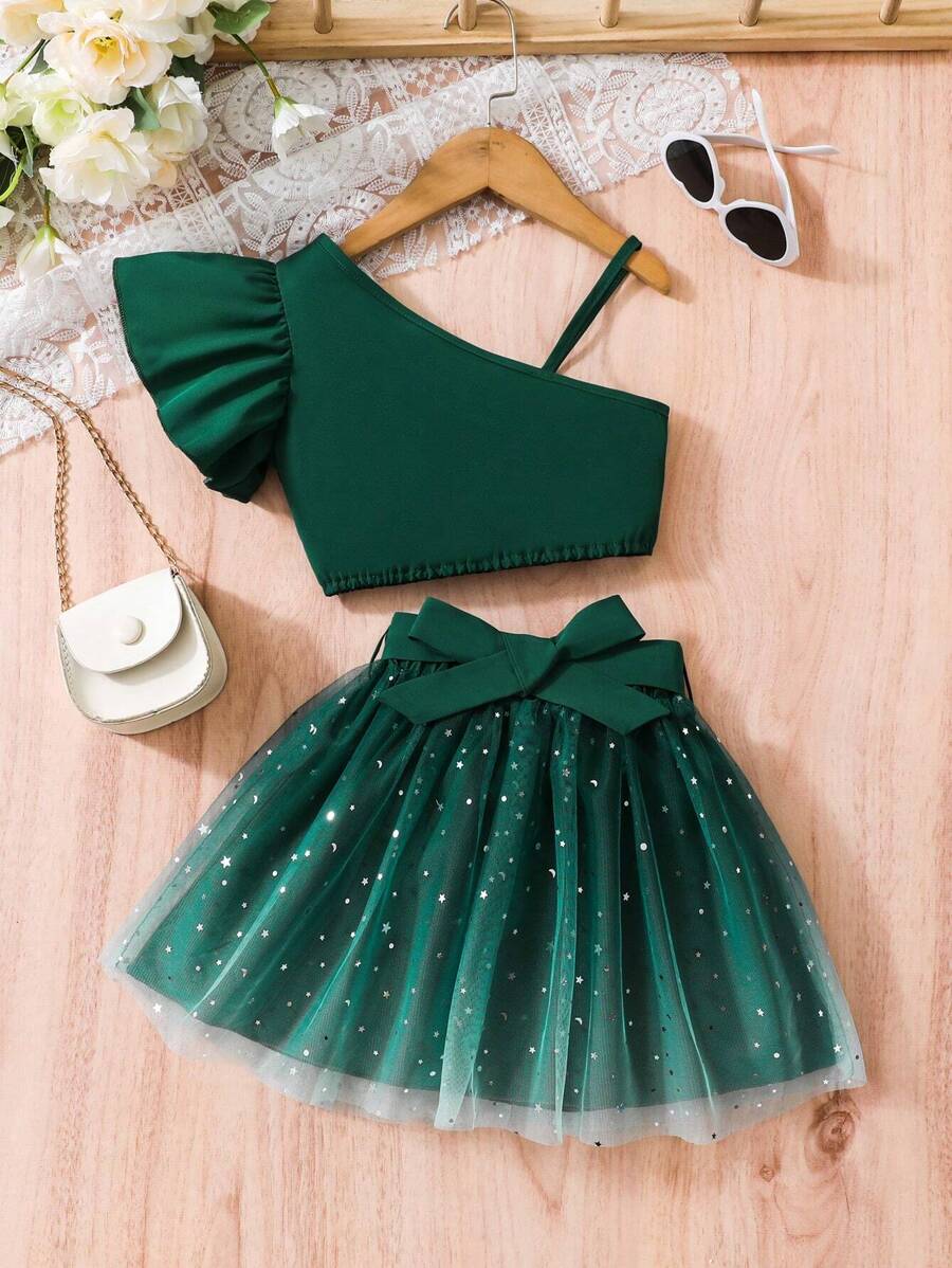 SHEIN Vestido com Ombro Único, Manga Curta, Babado e Saia de Tule com Cinto, Verde, para Meninas Jovens