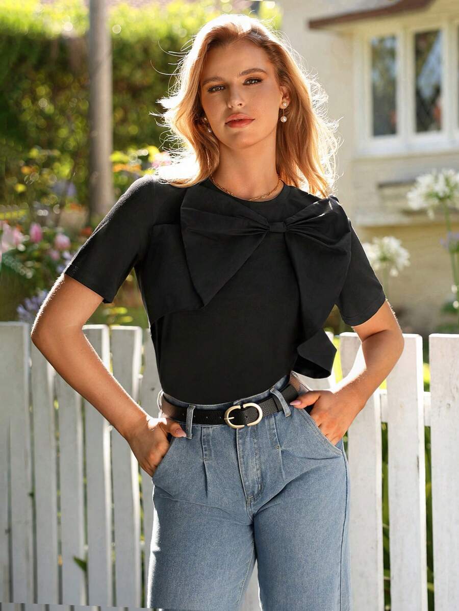 Anewsta Black T-Shirt With Bow Knot