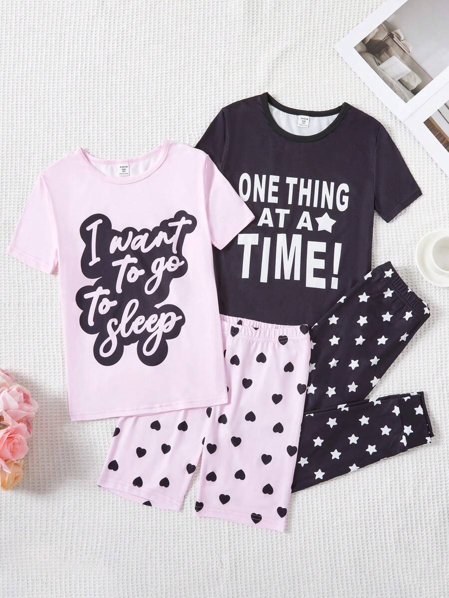 SHEIN Tween Girls' Simple Letter Printed Shorts & Short Sleeve T-Shirt & Pants 2pcs/Set Snug Fit Home Wear Outfits
