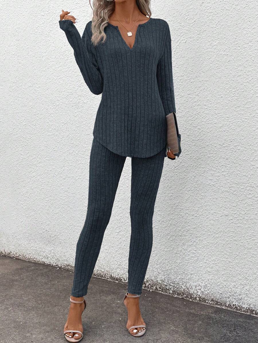 SHEIN LUNE 2pcs/Set Women Basic Black Thermal Underwear Set, Long Sleeve T-Shirt & Leggings, Winter New Arrival Matching Pajama Set